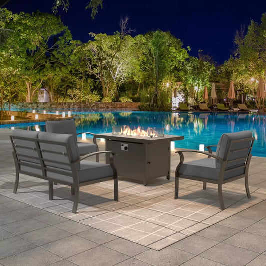 Aluminum Patio Furniture Set 4-Seat Modern Metal Outdoor Conversation Sets W/45In Propane Fire Pit Table and Loveseat
