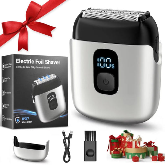 Mini Portable Men's Shaver Electric Foil Shaver IPX7 Waterproof Pocket Travel Beard Razor LED Power Display USB-C Rechargeable Wet Dry Shaving Machine For Male