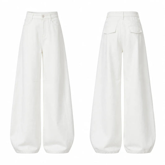 Women's White Wide Leg Jeans, High Waist Loose Baggy Denim Pants Casual Solid Color Full Length Palazzo Trousers with Pockets for Daily Street Shopping