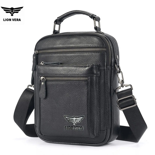 LION VERA Men's Shoulder Bag Casual Mobile Phone Zipper Bag Large Capacity Business Genuine Leather Travel Crossbody Bag