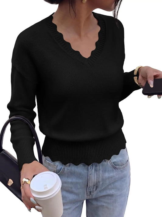 Lightweight Knit Sweaters Top For Women Daily Wear Scallop Edges V Neck Pullover Tops Autumn And Winter Long Sleeved
