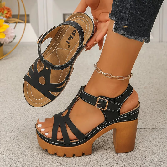 2026 Summer Women T-Strap Platform Block Heel Sandals Hollow Out Cutout Adjustable Buckle Ankle Strap Lug Thick Sole Non Slip Chunky High Heels Vintage Retro Party Club Daily Vacation Dating Shoes Black White Apricot Plus Siz