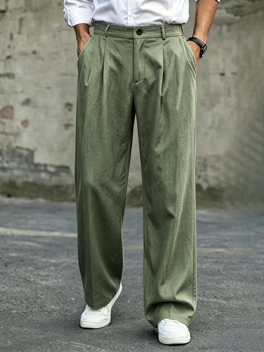 Men's High Waist Double Pleated Wide Leg Dress Pants Draping Wrinkle Resistant Breathable Textured Fabric Trousers for Office Wo