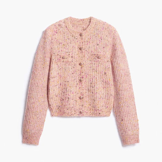 Chic Speckled Knit Cardigan Round Neck Shoulder Pads Long Sleeve Single Breasted Patch Pockets Daily Women Top 2026 Autumn Tops
