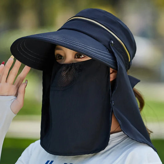 Women Outdoor Riding Anti-UV Sun Hat Foldable Big Brim Hats Neck Face Protection Detachable Mask Sunscreen Breathable Beach Caps