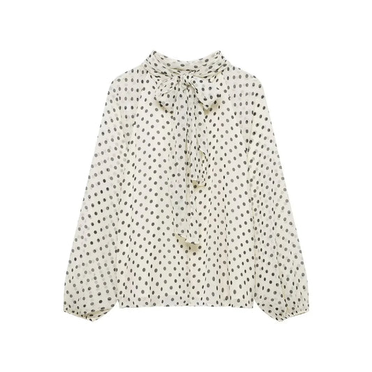 Women's Dots Printed Blouse Shirt Spring Autumn Fashion Long Sleeve Bow Lace-Up Blouse Shirt Lady Elegant High Street Blouses