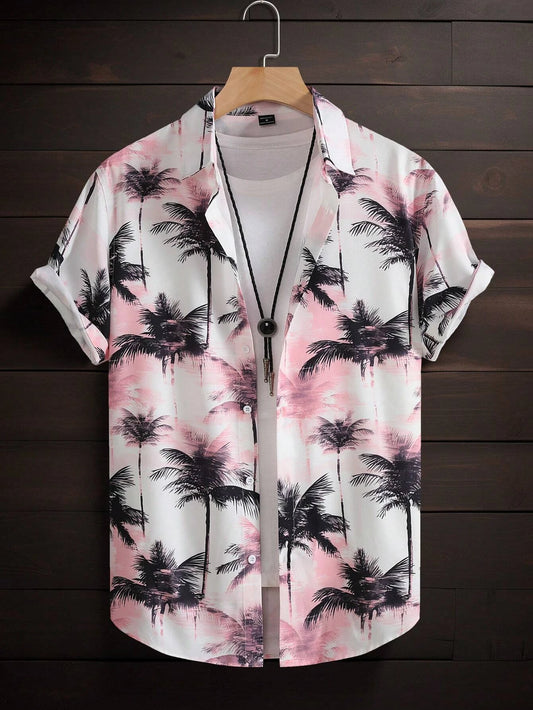 Hawaiian color coconut tree print lapel fashion men's shirt 2024 men's seaside resort casual style men's short-sleeved shirt