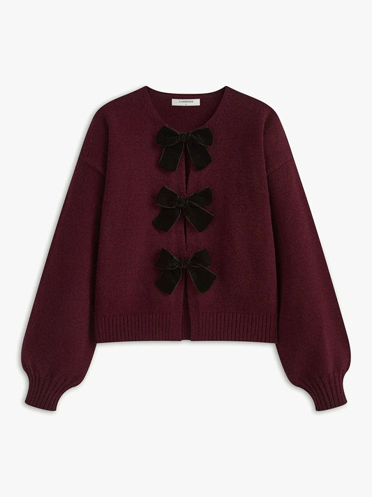 Autumn Winter Sweet Cute Coquette Women Wine Red Sweaters Cardigan Loose Lantern Sleeve Bow Knitted Fashion Female Outerwears