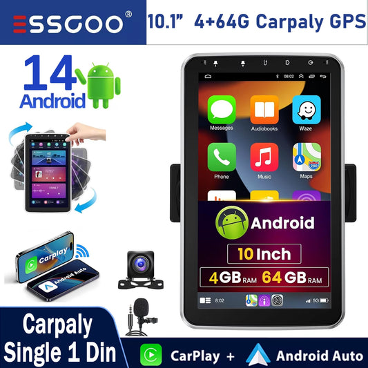 10.1 Inch 4+64GB Rotatable IPS Touchscreen Single 1 DIN Car Stereo Wireless Apple Carplay Android Auto FM Bluetooth GPS