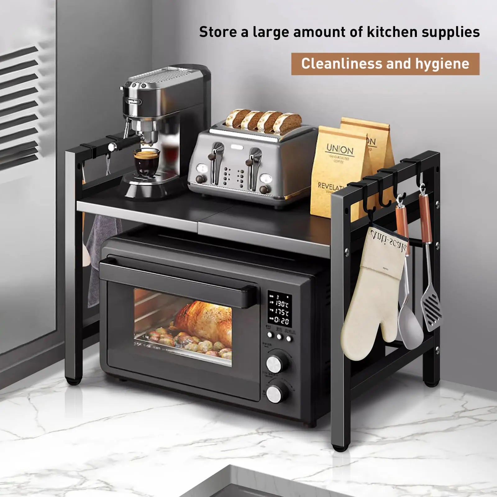 1Pc Expandable 42-64Cm Microwave Shelf Organizer, Moisture and Rust Proof Microwave Countertop Organizer,Tableware Storage