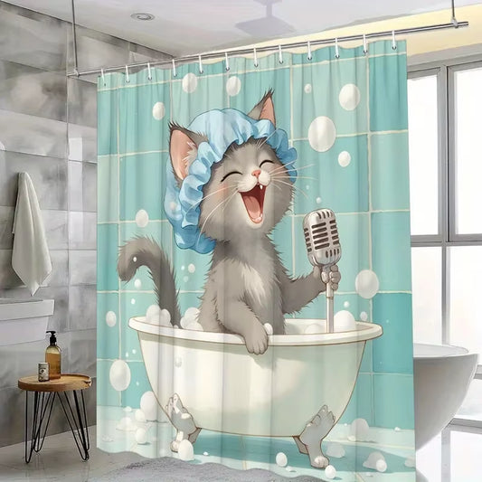 1Pc Anthropomorphic Cat Shower Curtain - Singing in Bathtub, Retro Microphone Design, Polyester, Fashionable Bathroom Decor