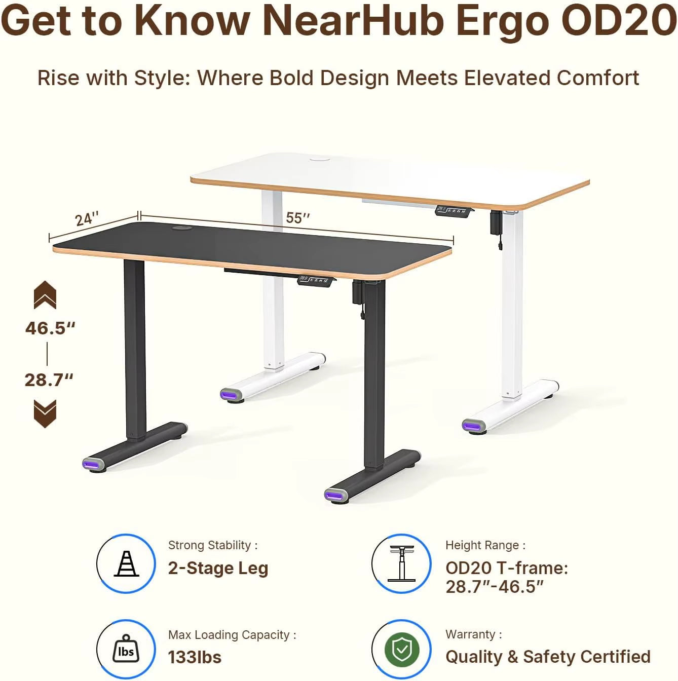 Electric Height Adjustable Ergonomic Desk - 55" x 24" Sit-Stand Computer Table for Office Use