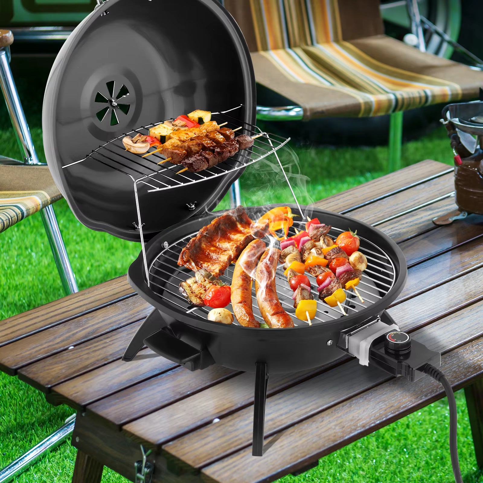Electric Tabletop Barbecue Grill, Portable Double-Layer Indoor/Outdoor Electric Grill, Black