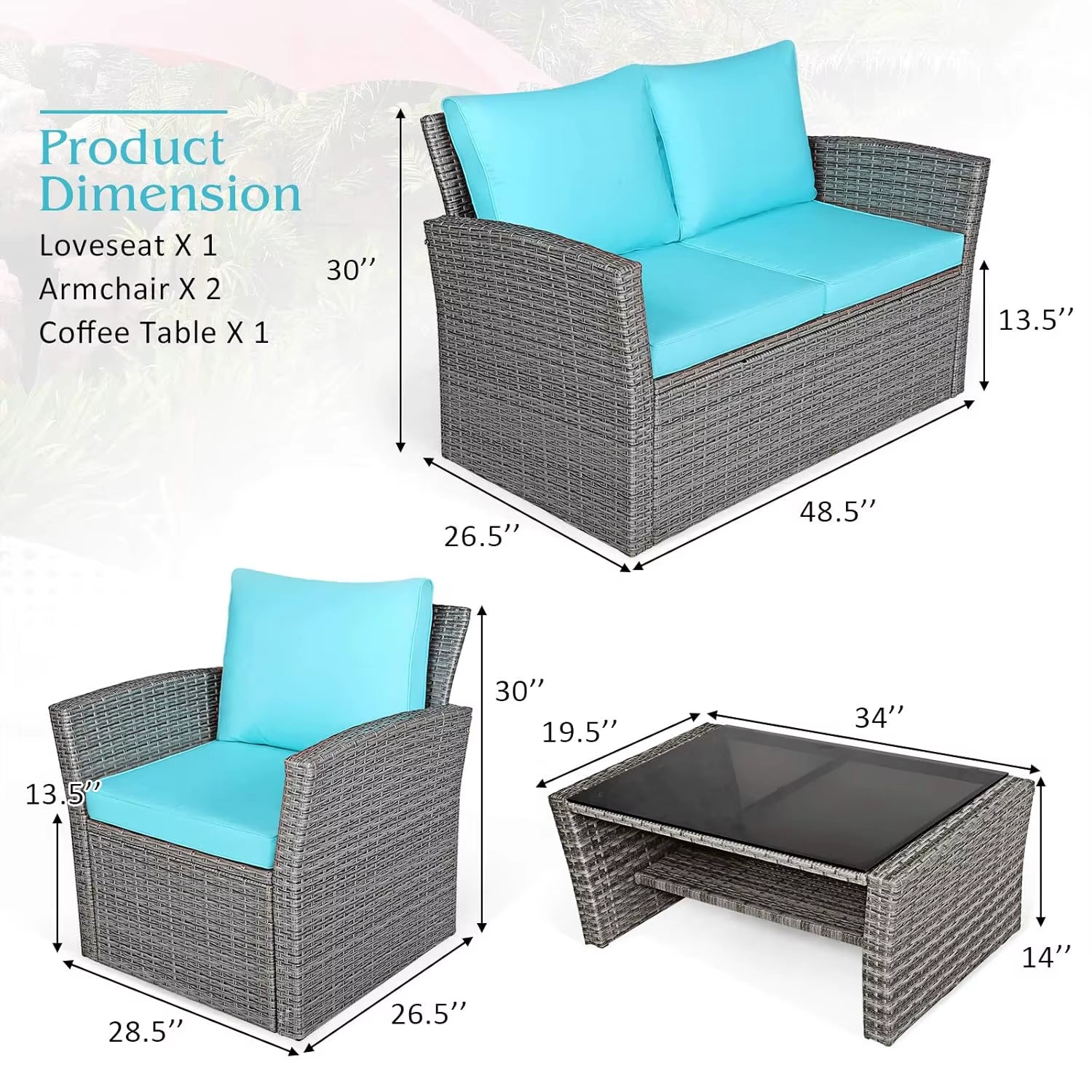 4 Pieces Patio Furniture Set, All Weather Outdoor Sectional Rattan Sofa Set with Cushions & Tempered Glass Table, Wicker Convers