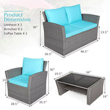 4 Pieces Patio Furniture Set, All Weather Outdoor Sectional Rattan Sofa Set with Cushions & Tempered Glass Table, Wicker Convers