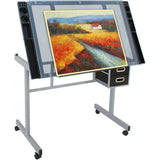 Adjustable Glass-Top Drafting Table with Dual Drawers and Mobility for Artistic and Professional Use in Home or Office