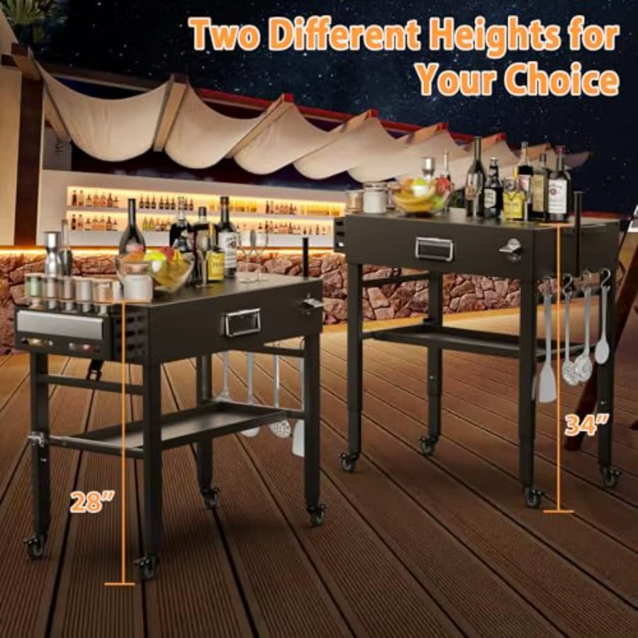 Outdoor Portable Grill Cart for Ninja Woodfire OG700 Series Griddle 28/34 Upgrade Height Quick-Fold Design Black with 4 Swivel