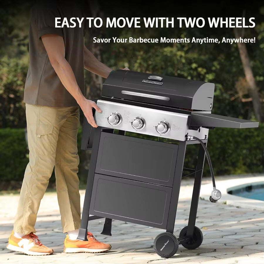3 Burner BBQ Propane Gas Grill Stainless Steel 30 000 BTU Patio Garden Barbecue Grill with Two Foldable Shelves