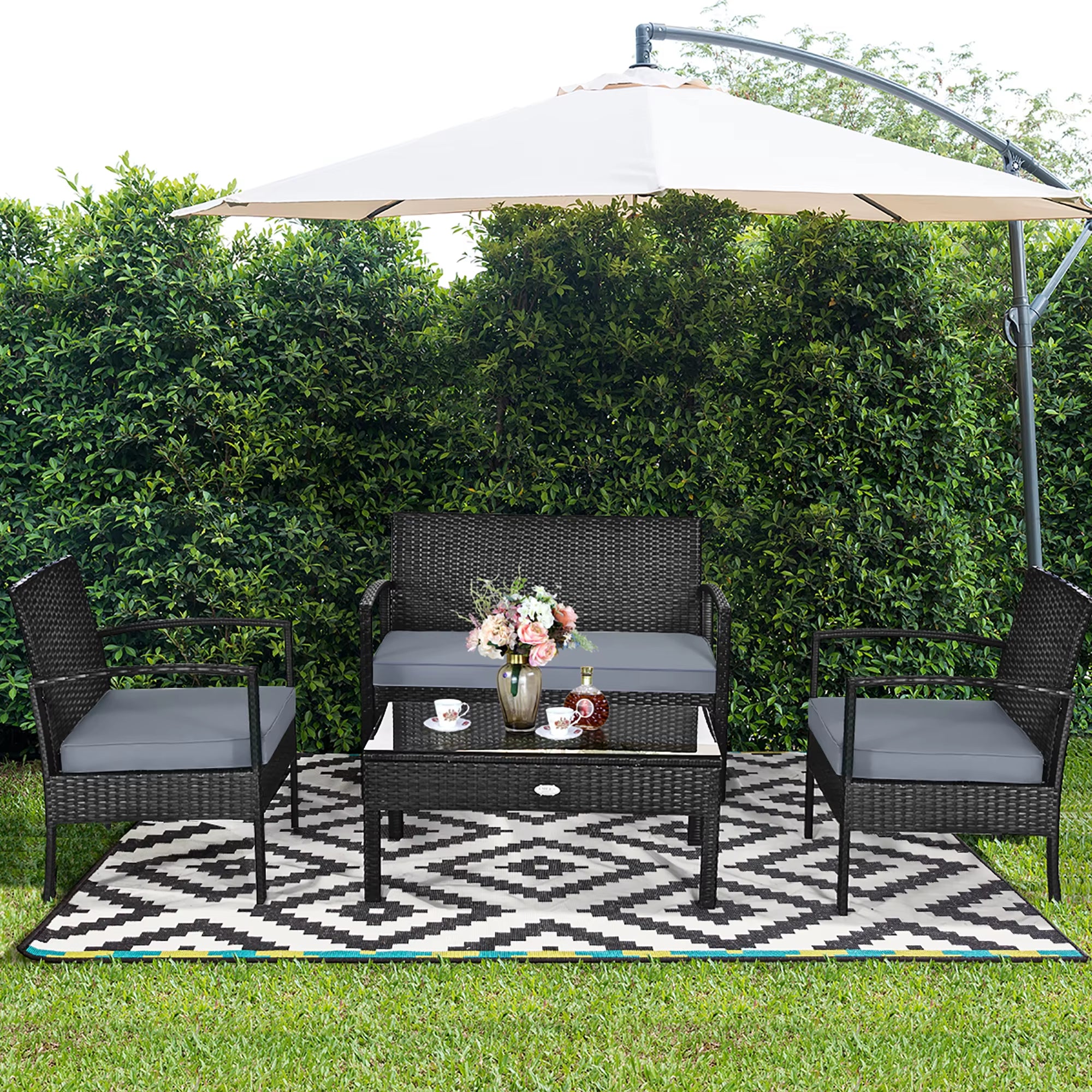 4Pcs Outdoor Patio Rattan Wicker Set Table Sofa Cushioned Deck Black