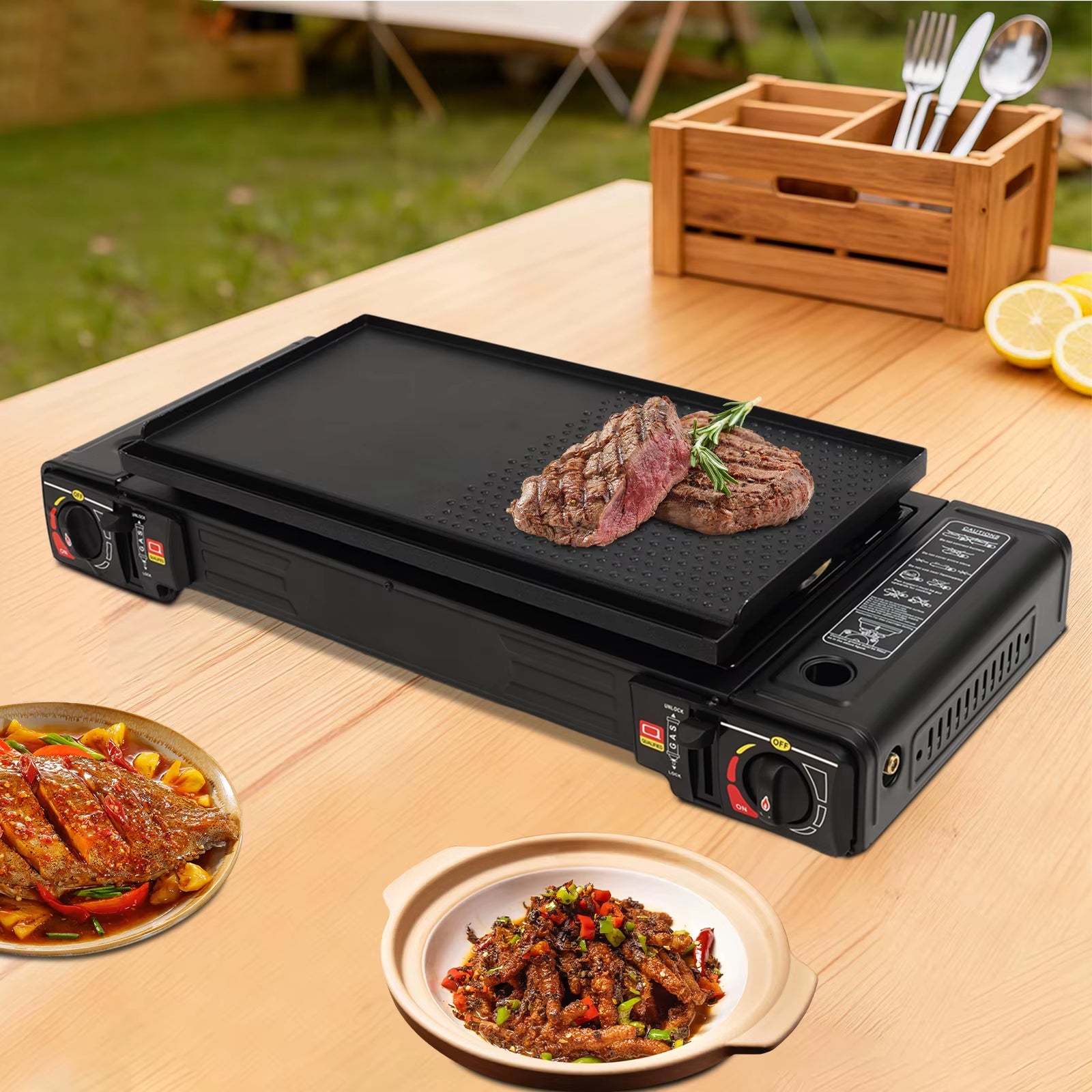2 Burners Portable Camping Stove, 2.5KW Auto Ignition Butane/Lpg Gas Stove W/Baking Tray+Carrying Case for RV Outdoor Picnic BBQ
