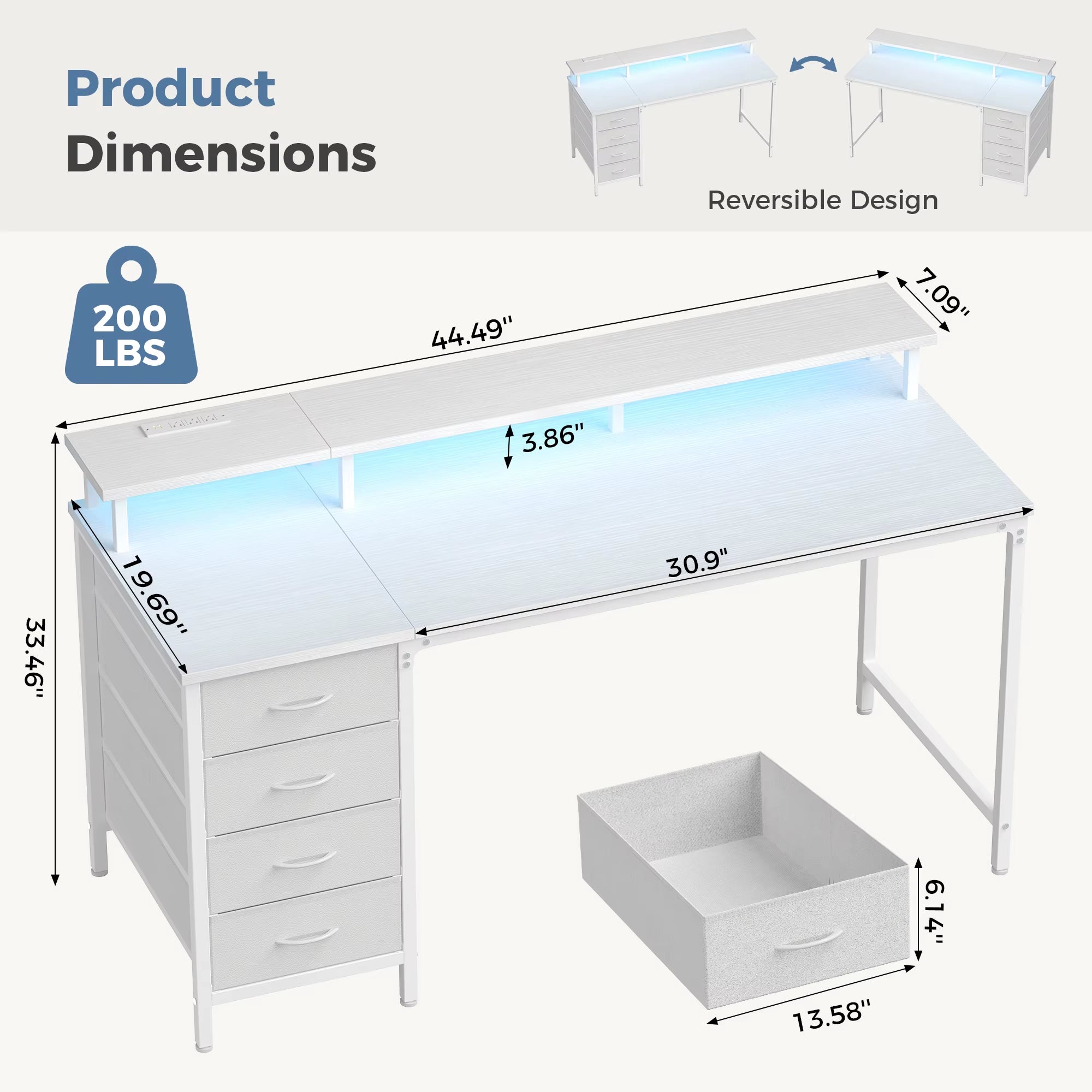 Adjustable Gaming Computer Desk (40-47 Inches) with 4 Storage Drawers, Integrated Power Outlets, and LED Lighting for Home Office Use