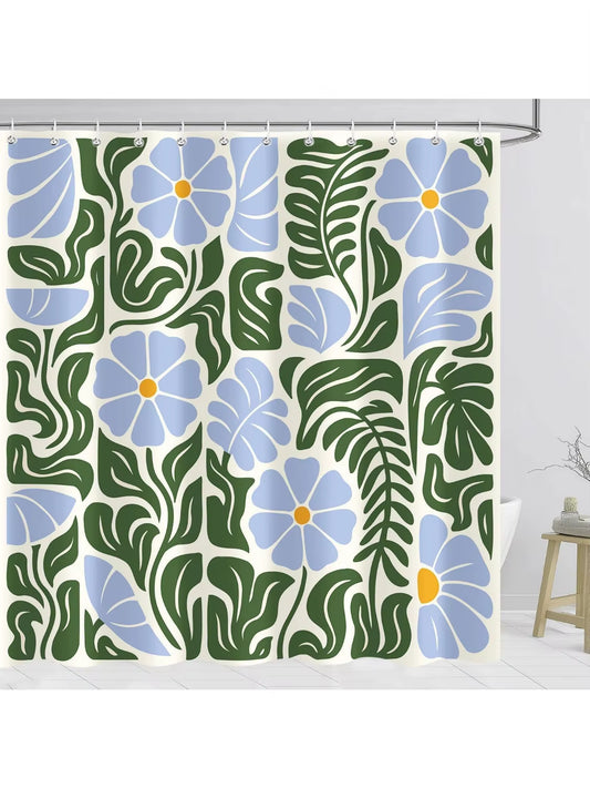 Abstract Vintage Floral Shower Curtain Blue, Boho Retro Trendy Blue Green Flower Bathroom Decor Cute, Mid Century Modern Funky