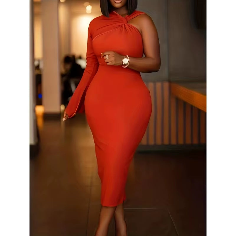 Solid Color Patchwork Backless One Shoulder Neck Long Sleeve Dress