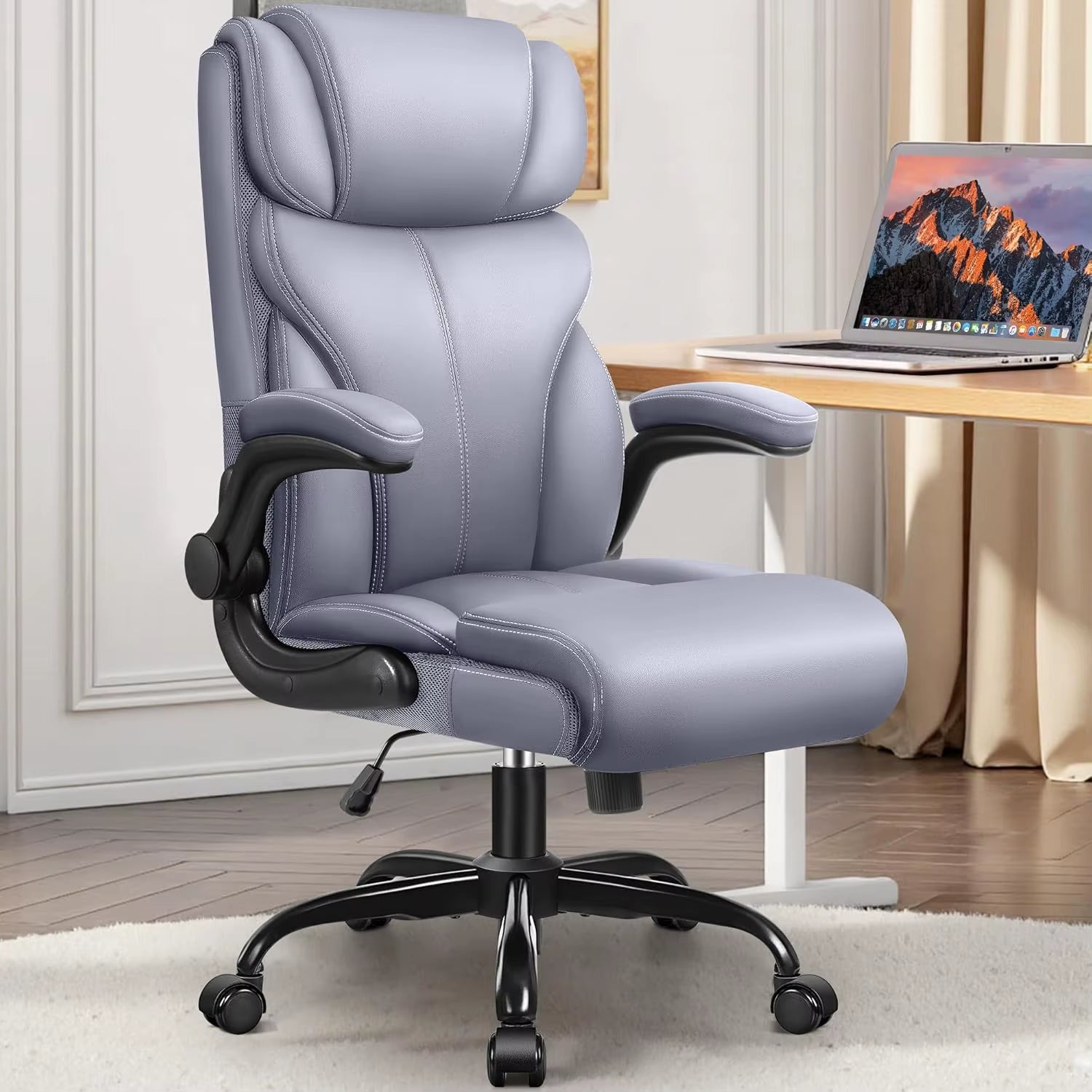 Ergonomic Leather Office Chair with Adjustable High Back and Flip-Up Armrests for Big and Tall Users, Customizable Lumbar Support