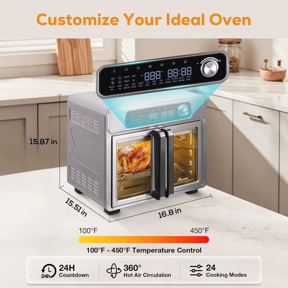 26-Quart French Door Air Fryer Toaster Oven with 24 Functions, Digital Controls, 12 Pizza, 6-Slice Toast, 6Lb Rotisserie, 6 Acce