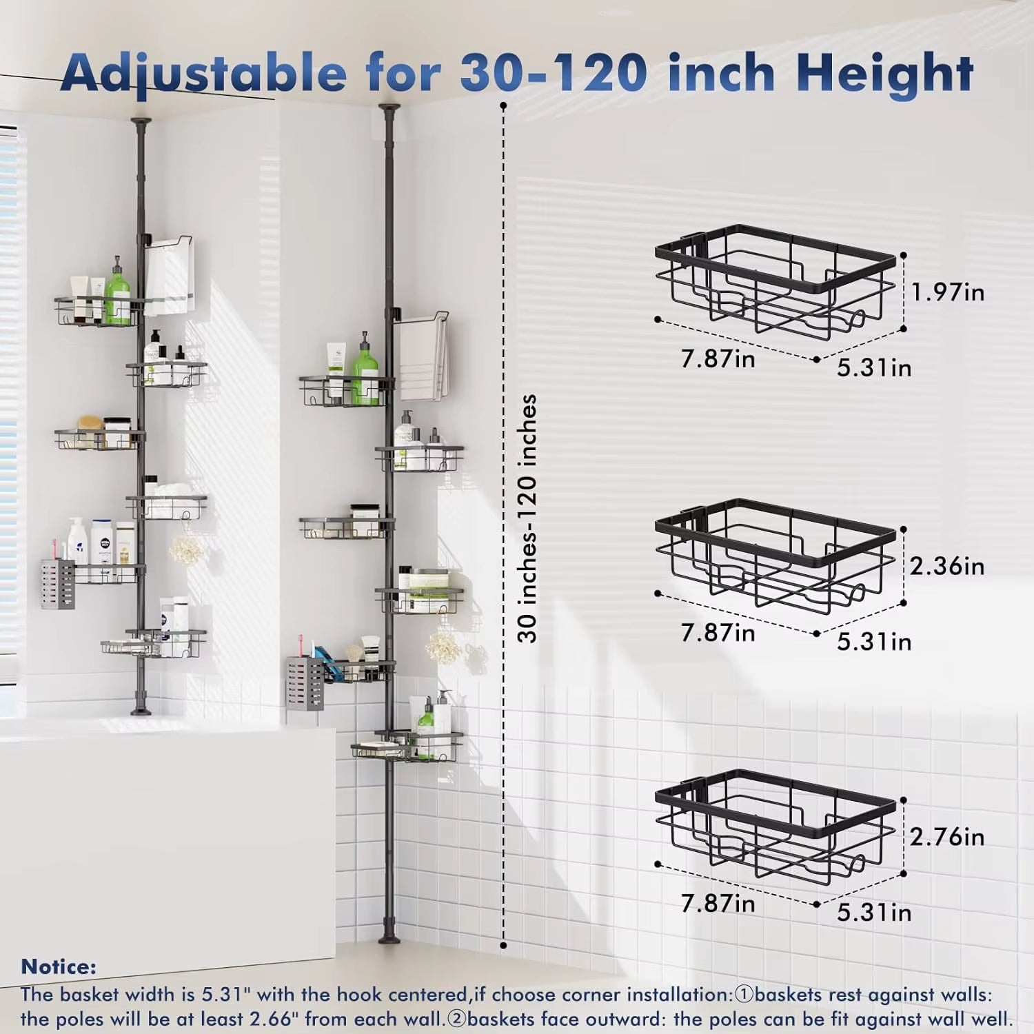Adjustable Shower Caddy Organizer, Rustproof 6-Pack Corner Shelf with Towel Bar & Soap Dish for Bathroom Storage, Black