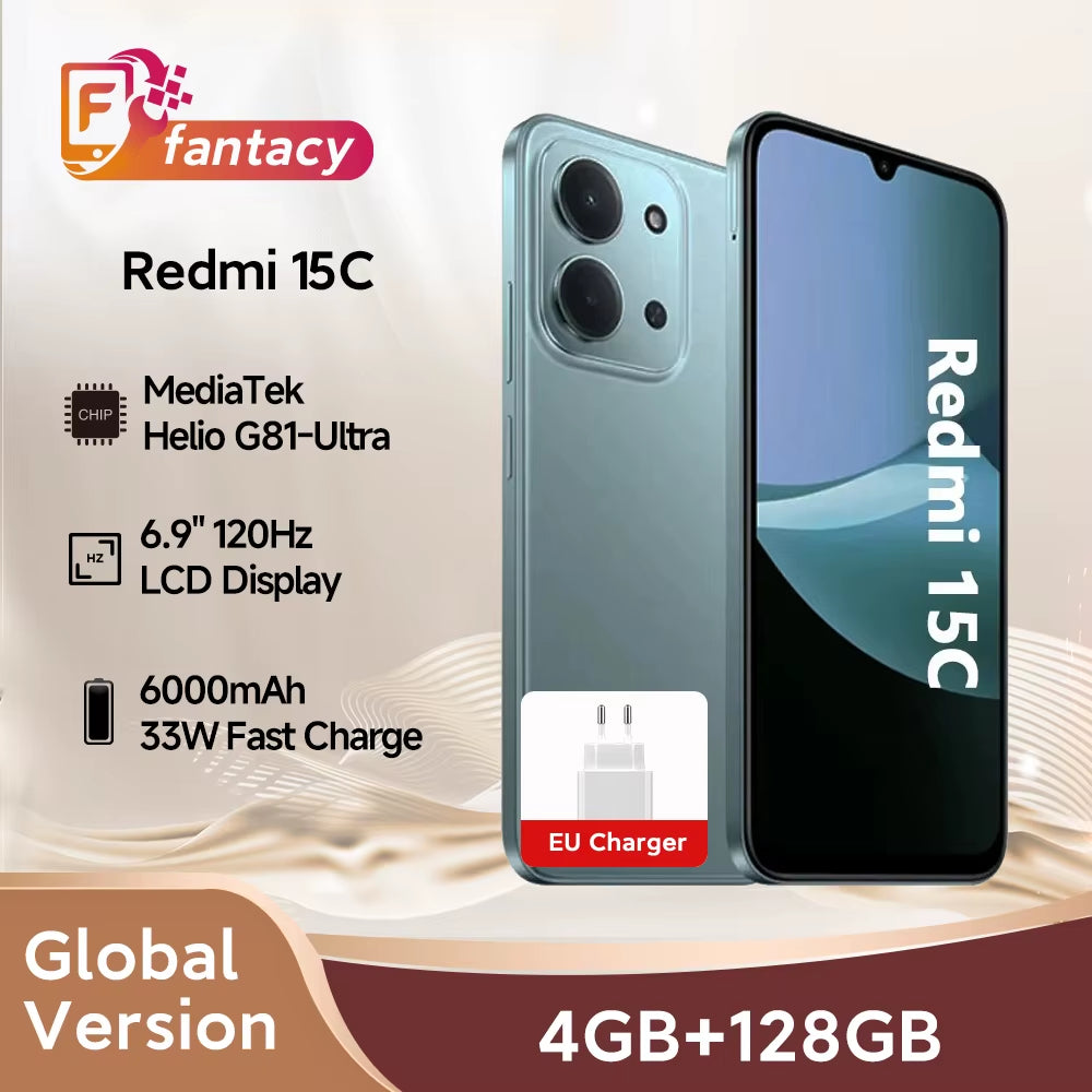 Redmi 15C Global Version 50MP Main Camera Mediatek Helio G81-Ultra 120Hz 6.9" Display 33W Charging 6000Mah Battery