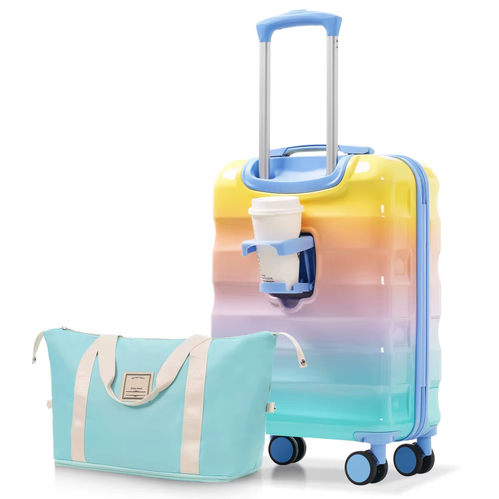 20"Carry-On Luggage with Cup Holder–Lightweight Glossy Hardshell Suitcases with Spinner Wheels TSA Lock Airline Approved