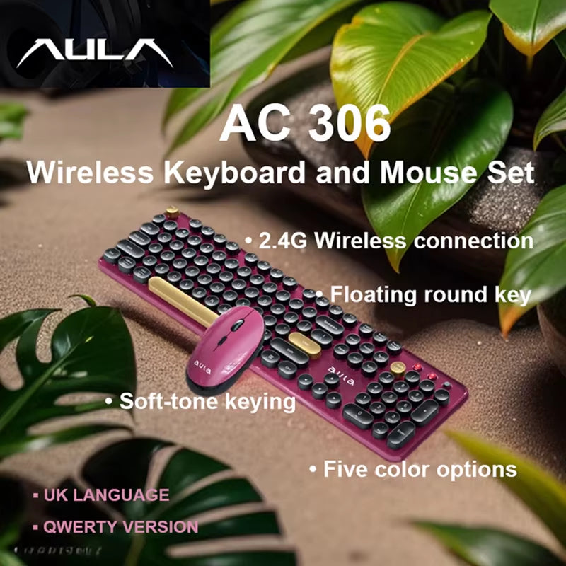 AC306 Wireless Keyboard and Mouse Combo Retro round Key Cap Full-Size 104-Key Laptop for Office Entertainment