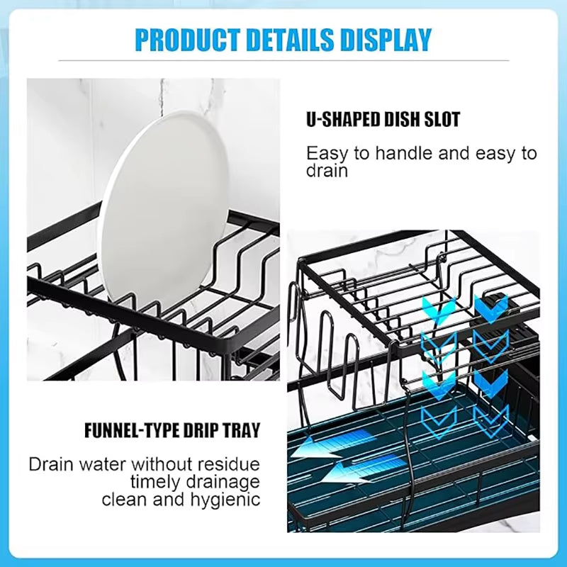 Kitchen Countertop Large Dish Drying Rack Removable High-Capacity Dish Drainer Double-Layer Dish Rack with Cutlery Storage Tray