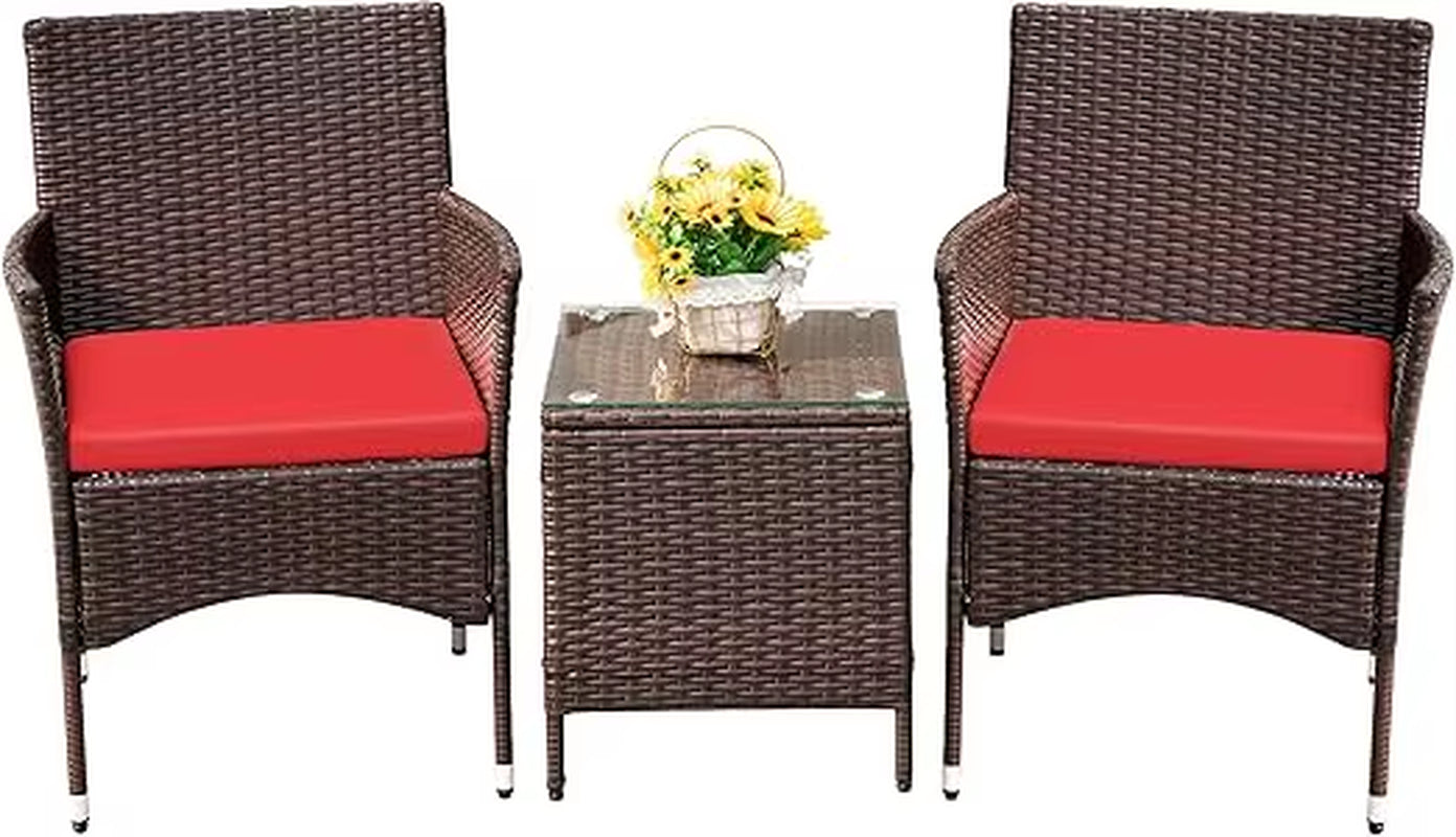 Patio Porch Furniture Sets 3 Pieces PE Rattan Wicker Chairs with Table Outdoor Garden Furniture Sets (Brown/Beige)