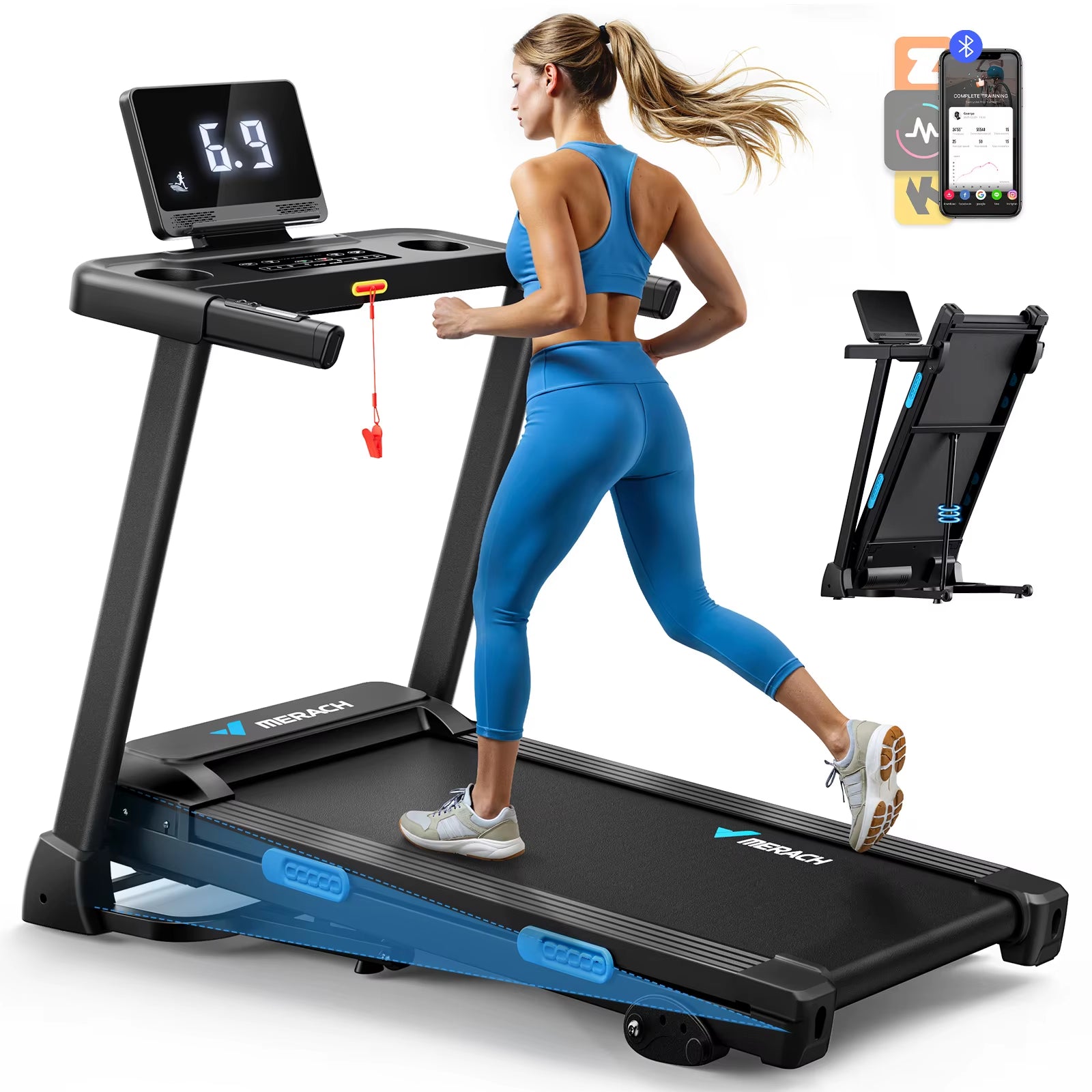 Foldable Treadmill T12 Incline Quiet Treadmills Double Deck Technology 4 Silicone Shock Cushion Heart Rate Monitoring