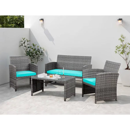 4Piece Outdoor Patio Rattan Furniture Set with Cushions and Tempered Glass Tabletop for Garden Deck or Balcony Durable Wicker C