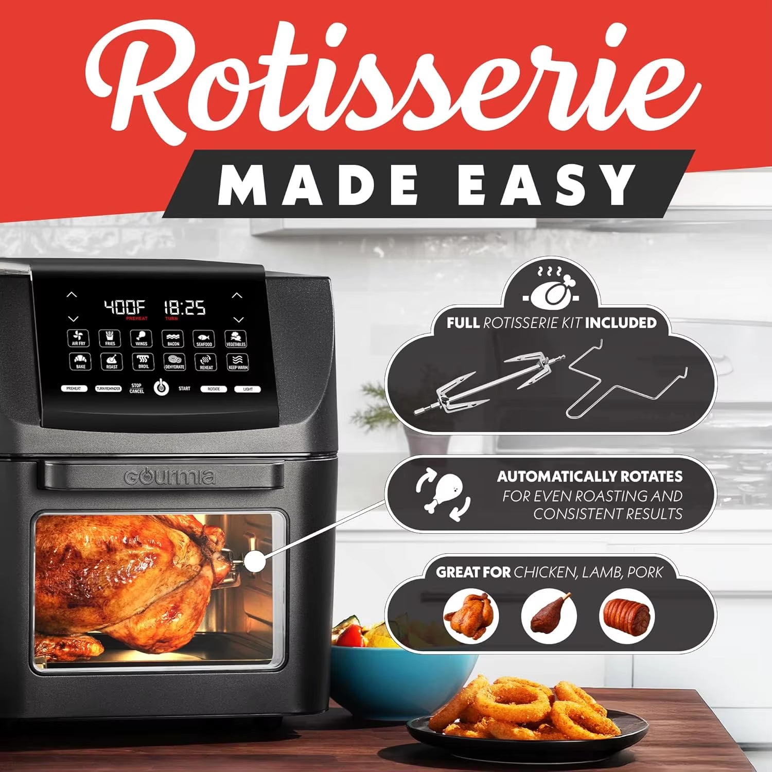 14 Qt Air Fryer Oven with Rotisserie, Digital Display, 12 Presets, Dishwasher Safe Accessories