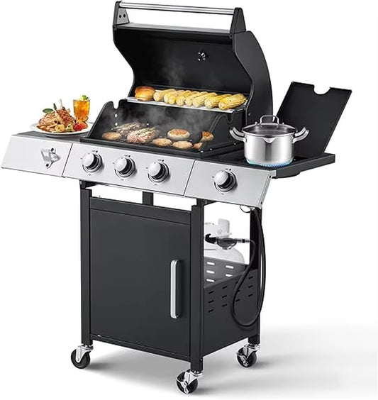Stainless Steel 36,000 BTU Propane Grill with 3 Burners, Cast Iron Grates, and Side Shelf BBQ Barbecue