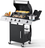 Stainless Steel 36,000 BTU Propane Grill with 3 Burners, Cast Iron Grates, and Side Shelf BBQ Barbecue