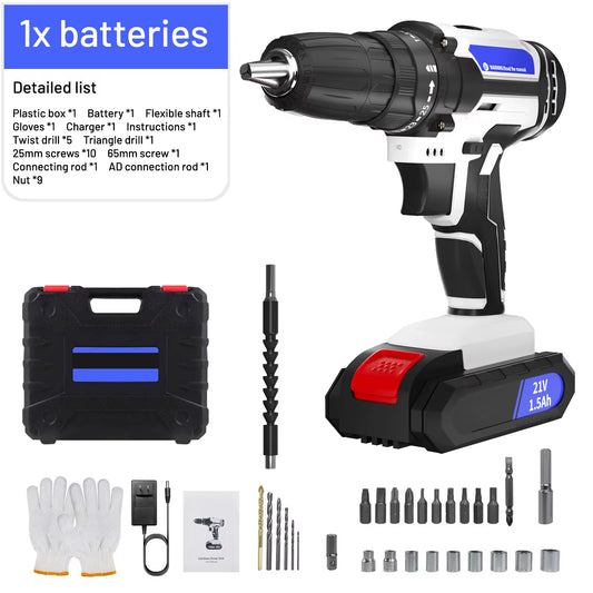 21V Cordless Power Drill and Impact Screwdriver Set with 1500mAh Li-Ion Battery, 25+1 Torque Settings, 45N·m Torque Output