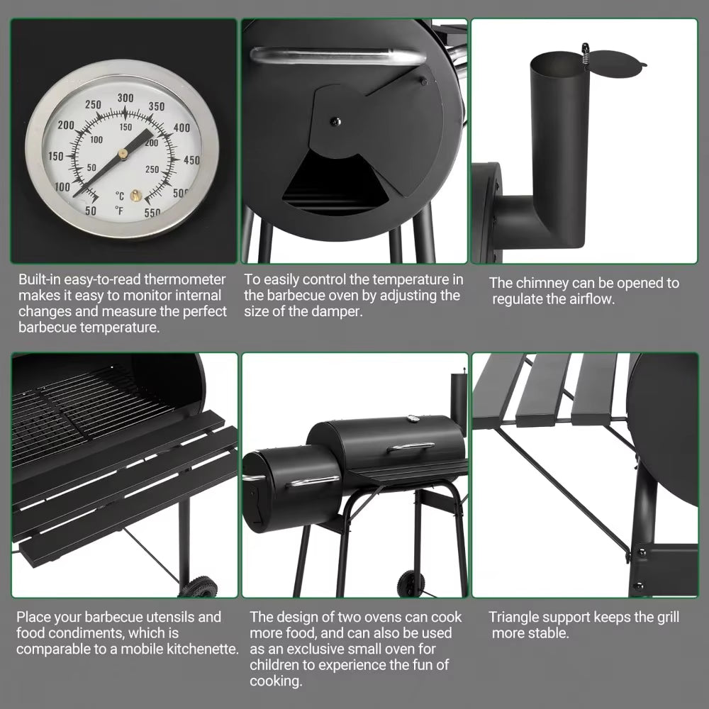 Large Outdoor BBQ Smoker Grill with Offset Smoker and Wheels for Backyard and Patio Parties