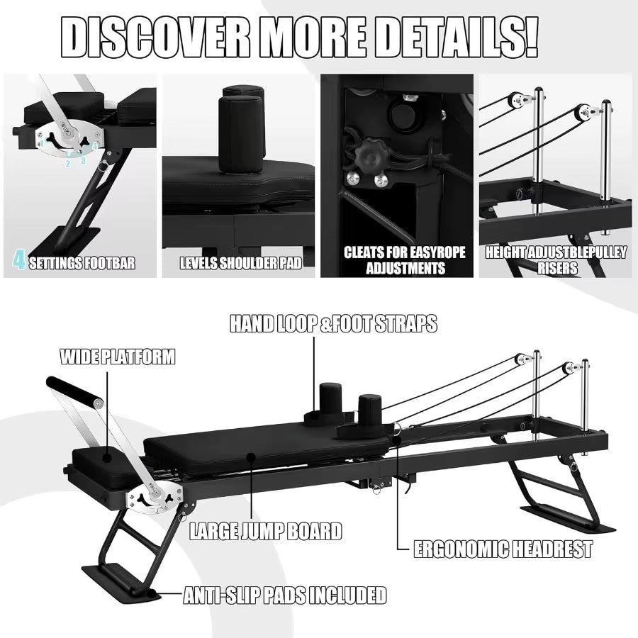 Foldable 78 Pilates Reformer Machine with Springs Cords for Home Workout Heavy Duty Reformer Set in Black up to 400 LBS Capacit