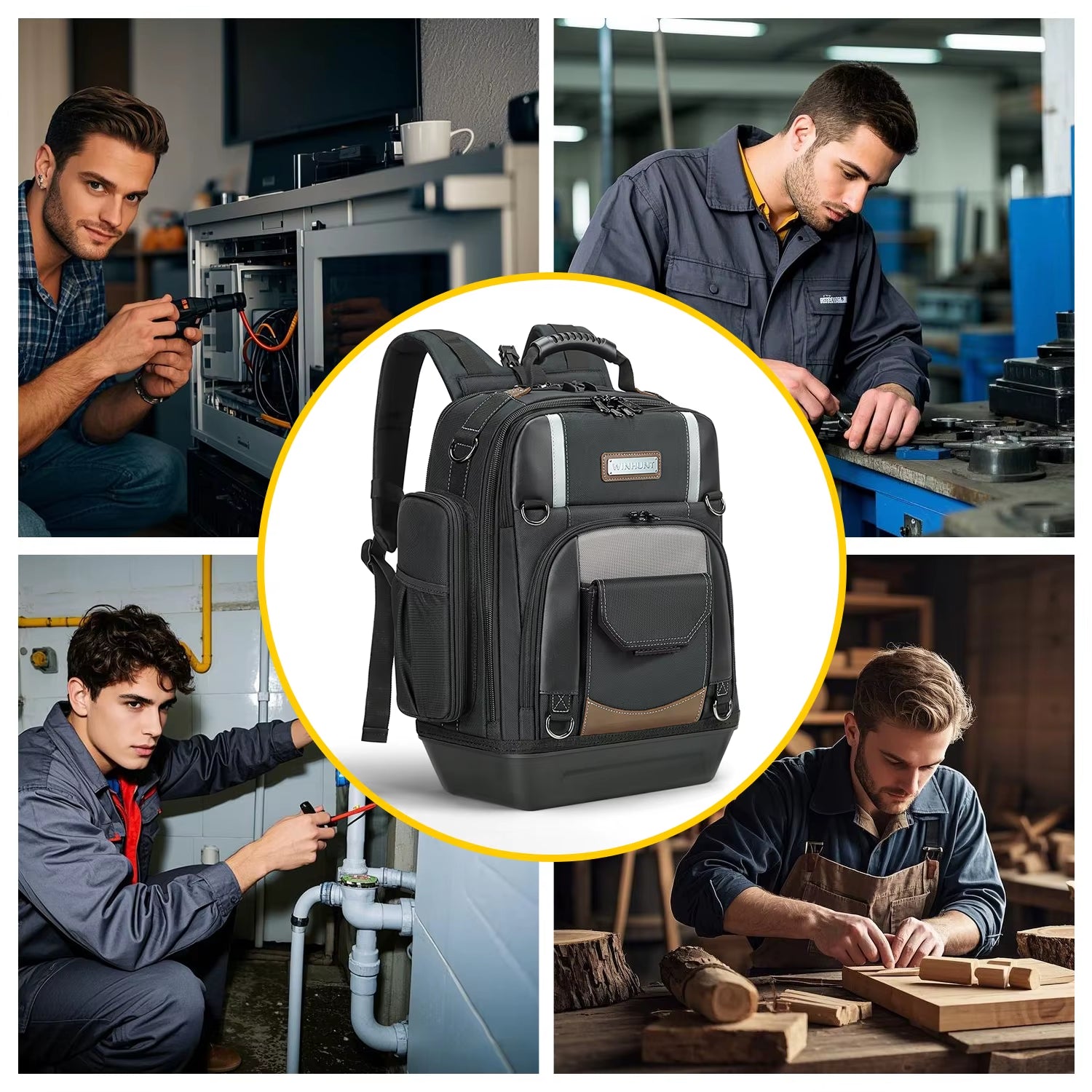 Professional Tool Backpack - Heavy-Duty Storage Bag with Multiple Compartments and Padded Straps in Black/Grey