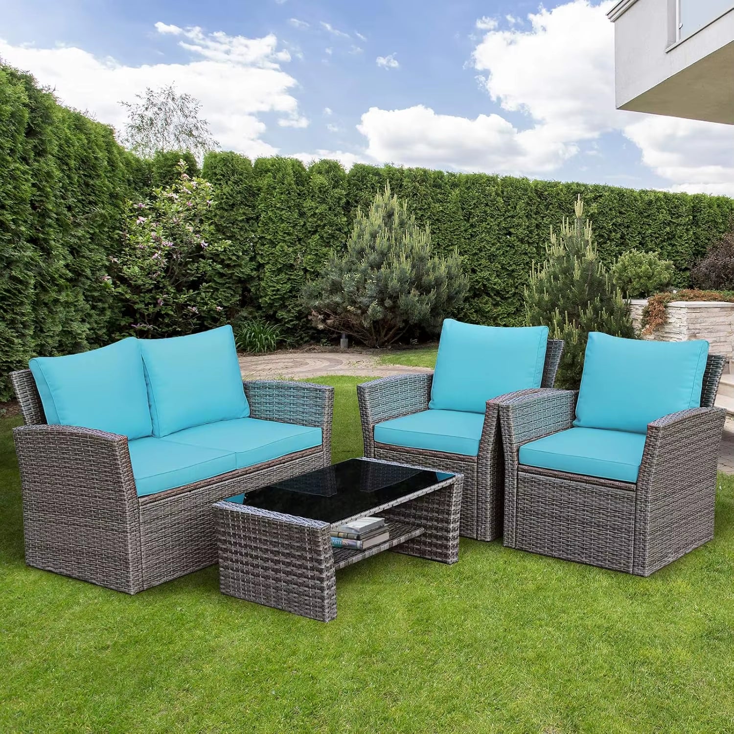 4 Pieces Patio Furniture Set, All Weather Outdoor Sectional Rattan Sofa Set with Cushions & Tempered Glass Table, Wicker Convers