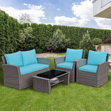 4 Pieces Patio Furniture Set, All Weather Outdoor Sectional Rattan Sofa Set with Cushions & Tempered Glass Table, Wicker Convers