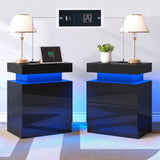 Set of 2 Nightstands with Charging Station and LED Light, Modern Side Table with 2 Drawers and Open Storage Shelf, End Table