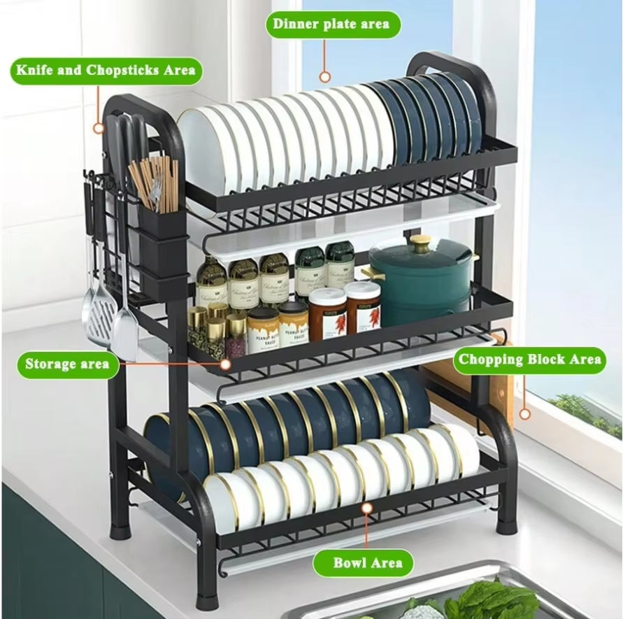 Dish Drying Rack, 3-Tier Space-Saving Dish Rack for Kitchen Counter, Metal Kitchen Organizers and Storage Rack, Large Capacity D