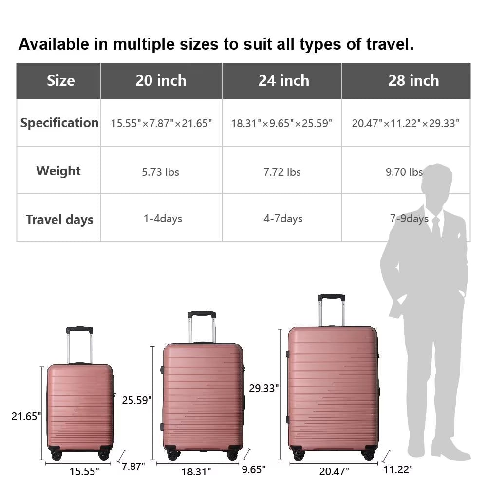 3Pc PP Hardshell Luggage Set TSA Lock Lightweight Durable Spinner Wheels Suitcases 20 24 28 Inch Pink Travel Set