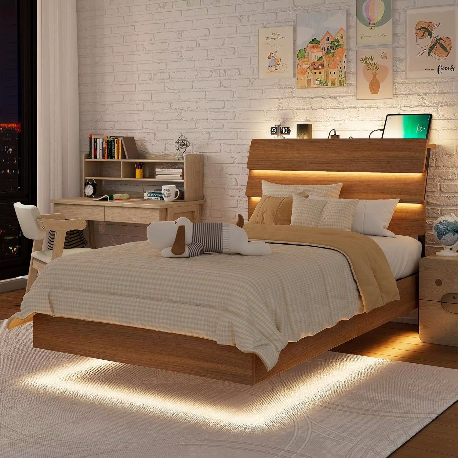 Feonase Floating Bed Frame King with Led Lights & Charging Station, Wood Full Size Bed Frame with Storage Headboard, Heavy Duty